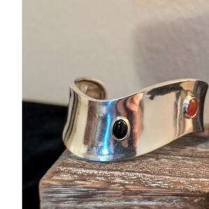 Multi-Stone Cabochon Curved Cuff Modernist Sterling Silver Mexico Bracelet